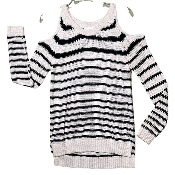 La Classe Couture Sweater Womens XS Black White Striped Cold Shoulder Pullover - Picture 2 of 12